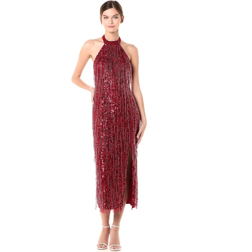 Adrianna Papell Red Sequin Halter Dress